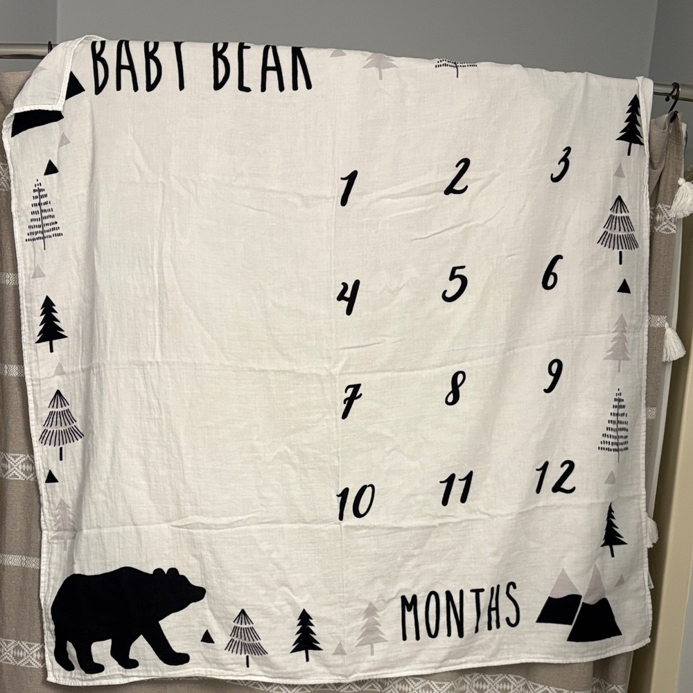 Black and white Baby Bear gender neutral monthly milestone blanket